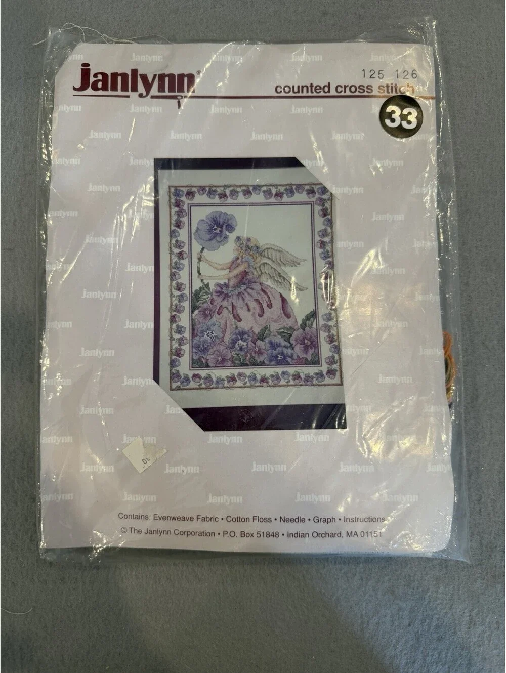 Vtg Rare Janlynn Counted Cross Stitch Kit  Purple Pansy Angel New